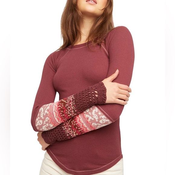 Free People In The Mix Cuff Thermal Top Size Large Maroon EUC A0571 - Picture 1 of 7